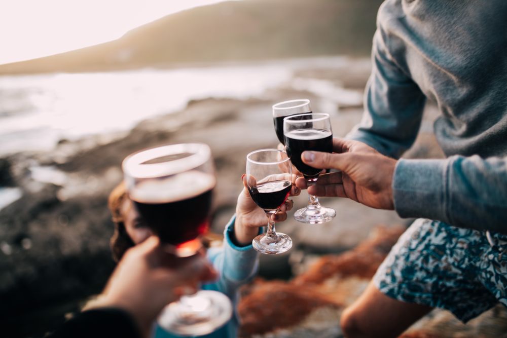 Group of friends toasting with glasses of red wine