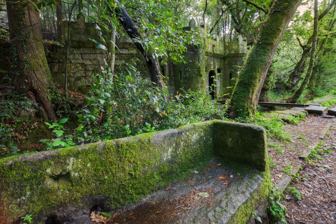 Fantastic castle in the Galician mythological mountains, Aldan, Spain
