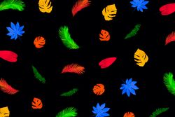 Neon tropical leaves pattern in vivid  fluorescent colors on dark background