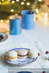 Variety of festive macarons on table with Christmas lights 0yNZO5