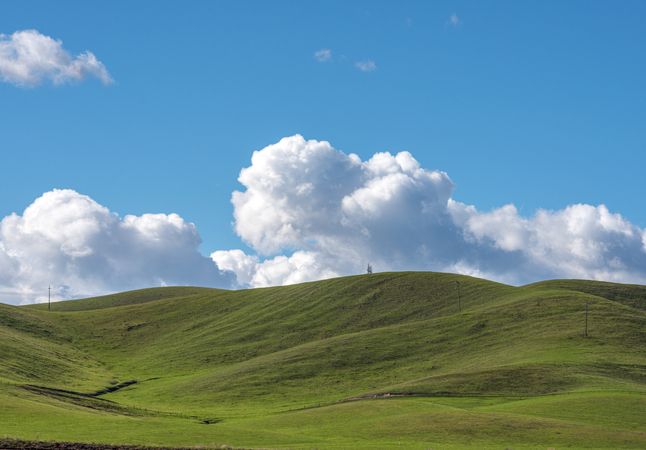 Green rolling hills with fluffy clouds in California