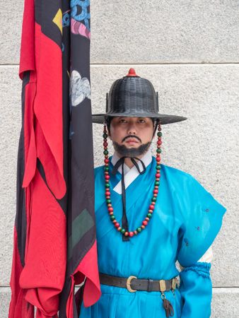 Busan, South Korea - August, 05 2017: Korean warrior near archway