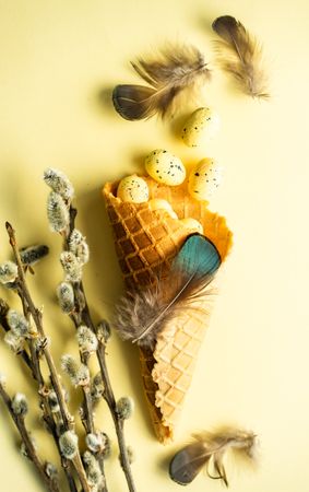 Waffle cone with small speckled eggs and pussy willow on yellow pastel background