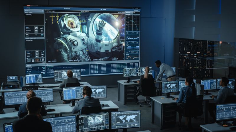 Space Agency Control Room Monitors Astronaut's Mission