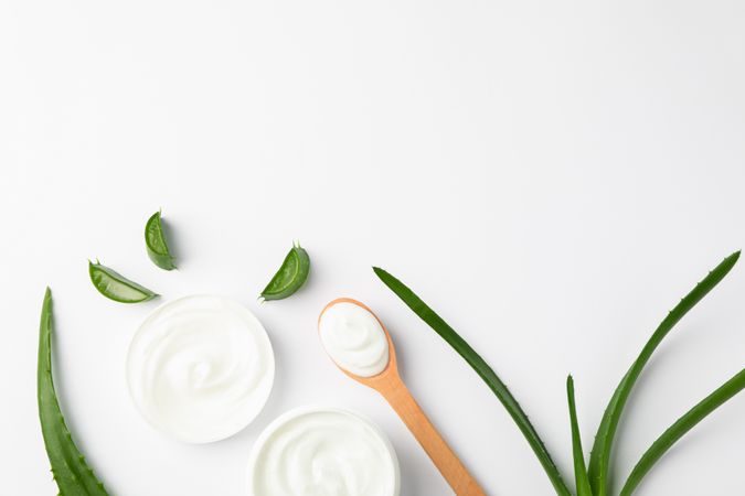 Flat lay composition with natural treatment accessories on plain background, space for text. Aloe vera