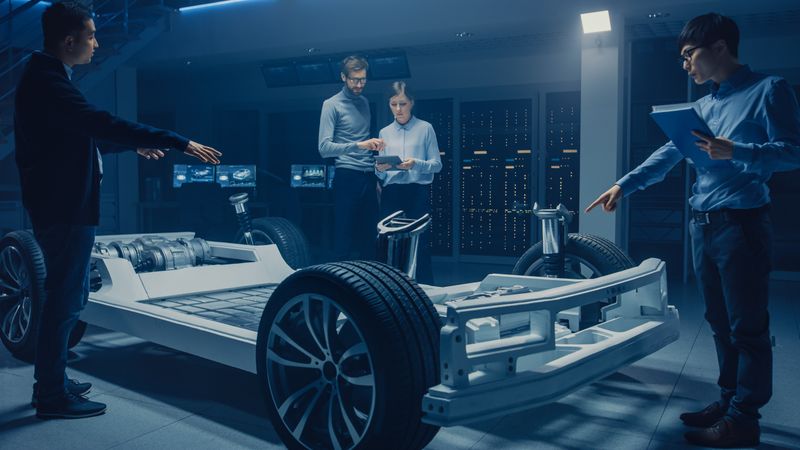Automobile Design Engineers Working on Electric Car Platform Chassis Prototype, Using CAD Software for 3D Concept