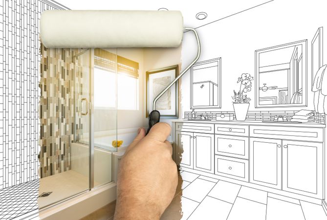 Before and After of Man Painting Roller to Reveal Newly Remodeled Master Bathroom Under Pencil Drawing Plans.
