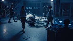 Automobile Engineers Designing Electric Car Platform Chassis