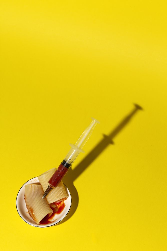 Stuffed pasta with red sauce in syringe