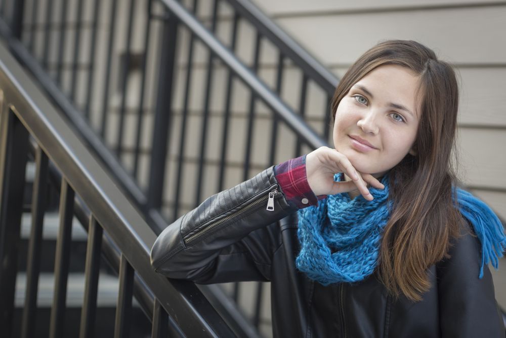 Portrait of Young Girl Weather Leather Jacket