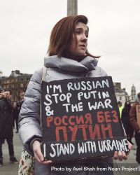 London, England, United Kingdom - March 5 2022: Russian woman at anti-war protest in London 5znag5