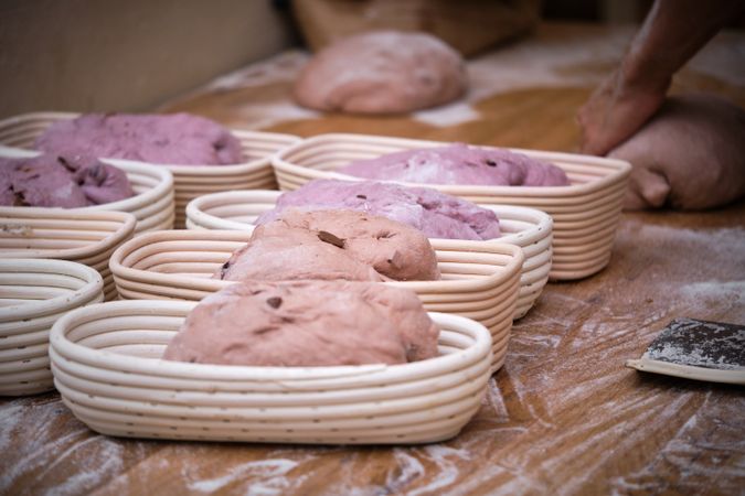 Leavened bread dough in the moulds resting to be baked.
