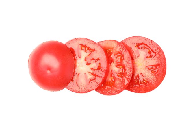 Slices of tasty tomato isolated on neutral background