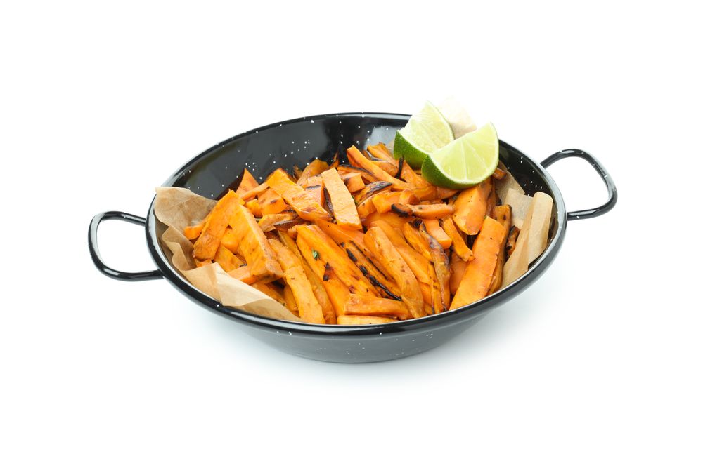 Fried sweet potato, isolated on light background