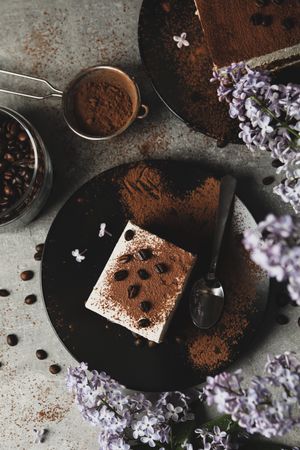 Composition with tasty tiramisu and lilac. Delicious dessert