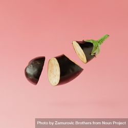 Sliced eggplant suspended on pastel pink background with copy space 42Jg14