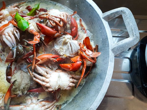 Top View of Crabs Being Boiled in a Pan