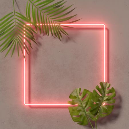 Fluorescent coral square frame with tropical leaves