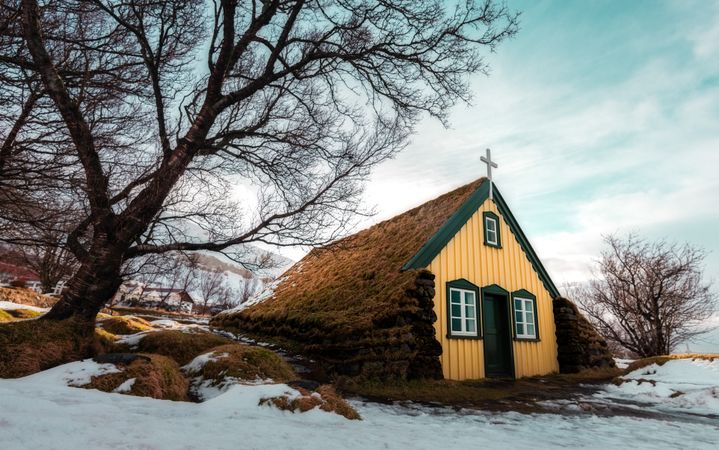 Landscape of turf church Hofskirkja in iceland