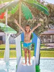 Happy boy with hands raised standing on slide
