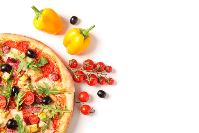Tasty pizza and ingredients isolated on blank background