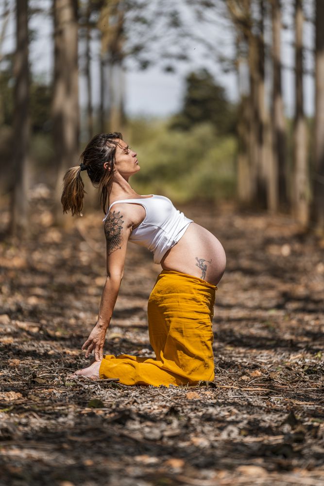 Adult pregnant woman practicing yoga in park during sunny day