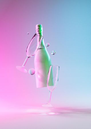Champagne bottle with glasses ultraviolet and holographic neon lights