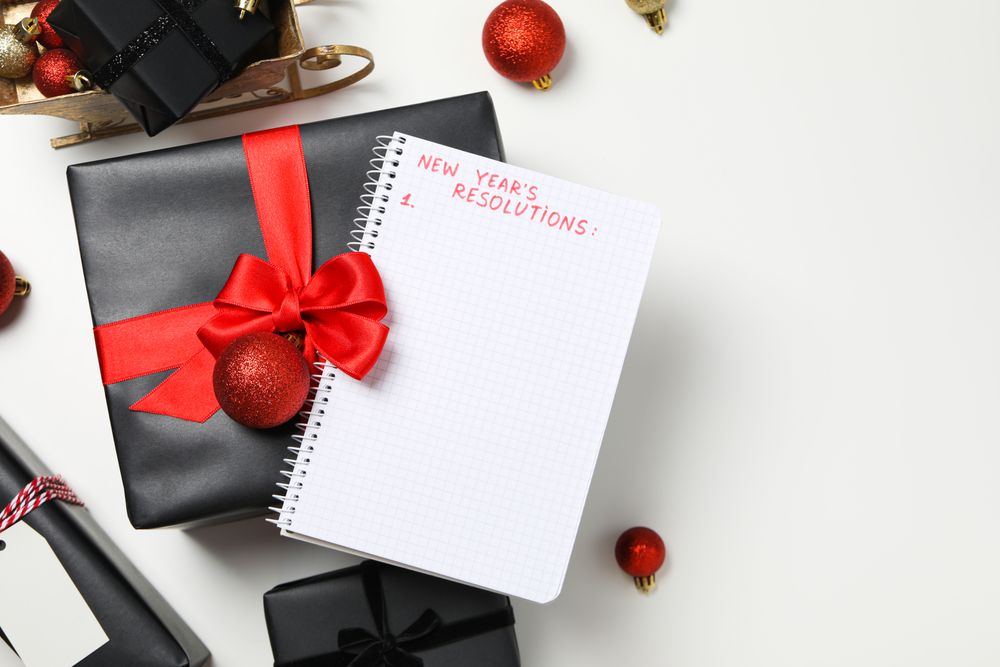 Concept of New Year Resolutions list, new year goals, top view