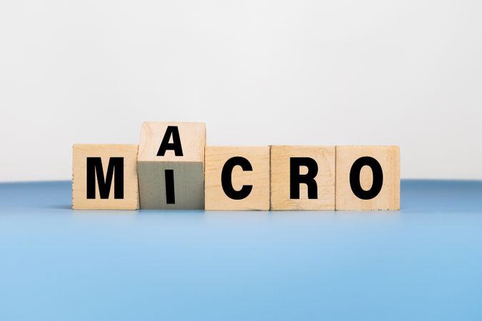 flip wooden blocks with macro and micro words text on blue background