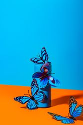 Plastic butterflies on metal blue can