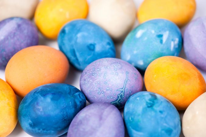 Top view of colorful Easter eggs, close up