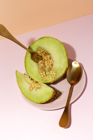 Sliced small melon on plate with spoon and fork