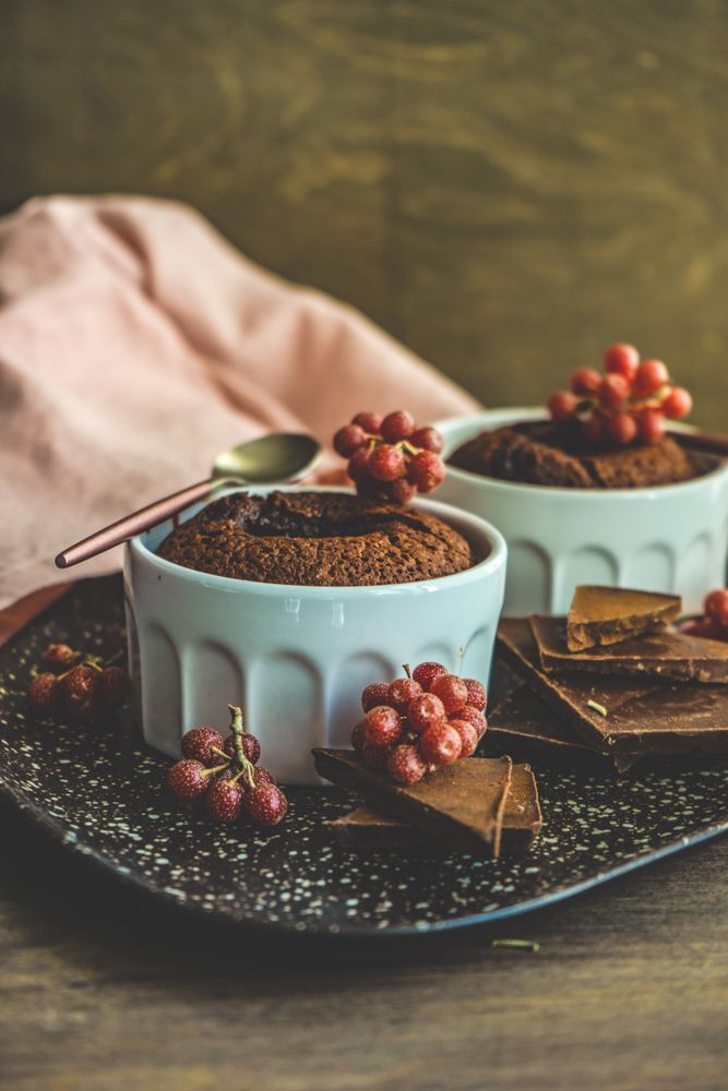 Side view of two chocolate fondant cake