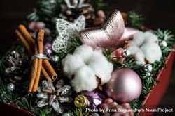 Close up of box of Christmas decorations with baubles, fir tree and cotton heads bGjNv4