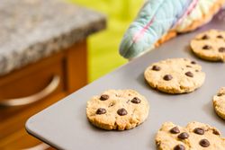 Woman holding a tray with baked cookies with kitchen gloves