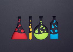 Colorful chemistry testing flasks, jar and tube paper cut outs