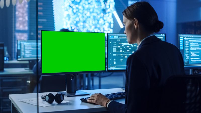 Analyst Works at Dual-monitor Setup in Blue-lit Control Room.