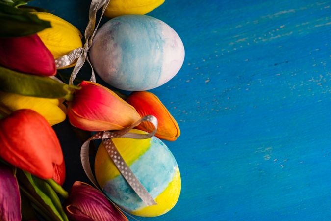 Flat lay of tulip flowers and Easter eggs on blue counter for spring