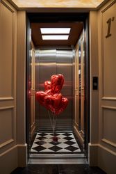 Doorway of hotel room leading to lift with red balloons