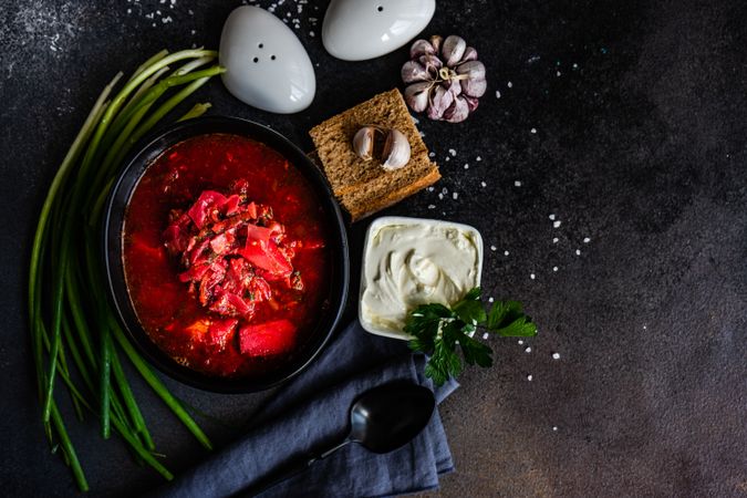 Top view of Ukrainian beetroot soup borscht