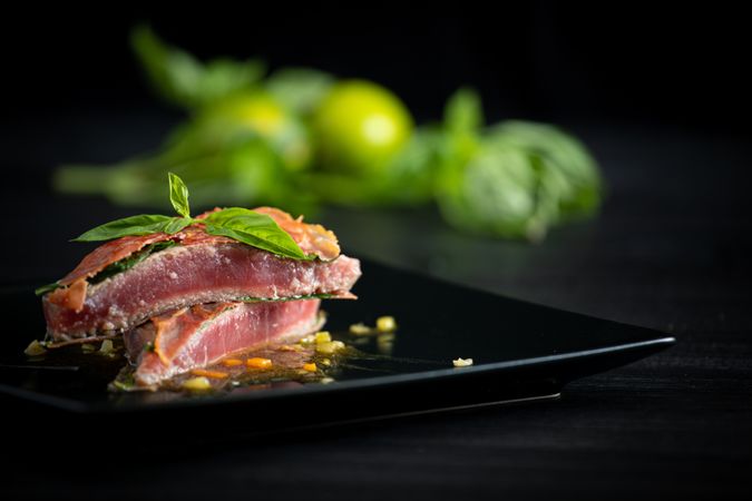 Bluefin tuna with basil ham and chicken demiglace