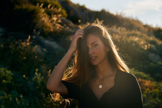 Cheerful woman looking away