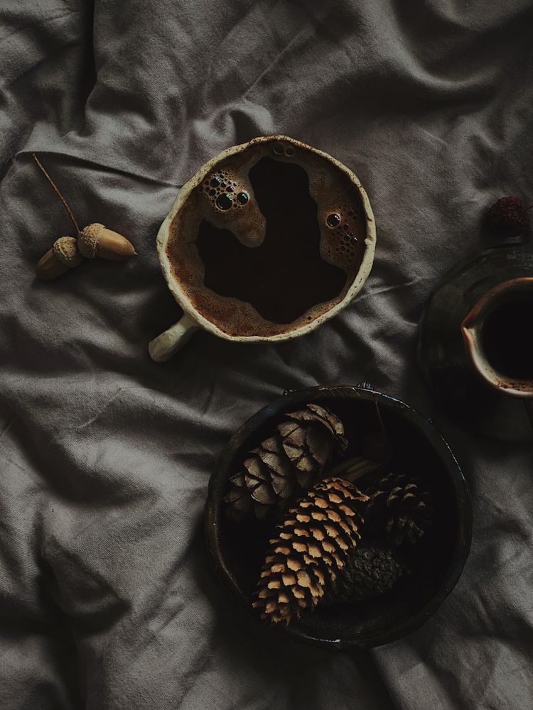 Top view of Turkish coffee surrounded by pine cones on grey sheets