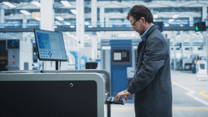 Side view of man standing working at screen