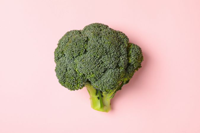 Fresh green broccoli on pink background, close up