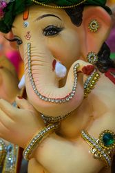 A beautiful idol of Lord Ganpati on display at a workshop in Mumbai, India for the festival of Ganesh Chaturthi