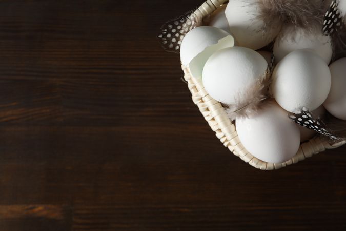 Concept of fresh and natural farm product - eggs, space for text