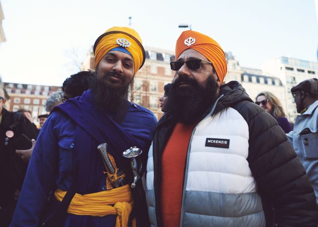 London, England, United Kingdom - March 19 2022: Two Sikh men at a protest in London