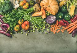 Fresh produce on concrete background, with halved squash, corn, cabbage, with copy space