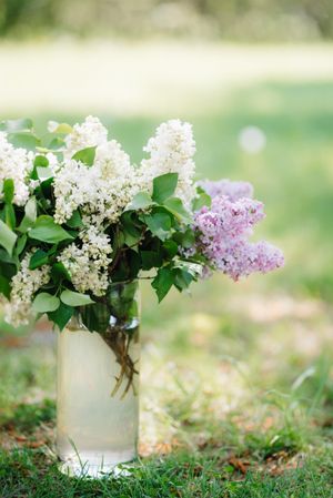 Light and purple flowers in clear glass vase